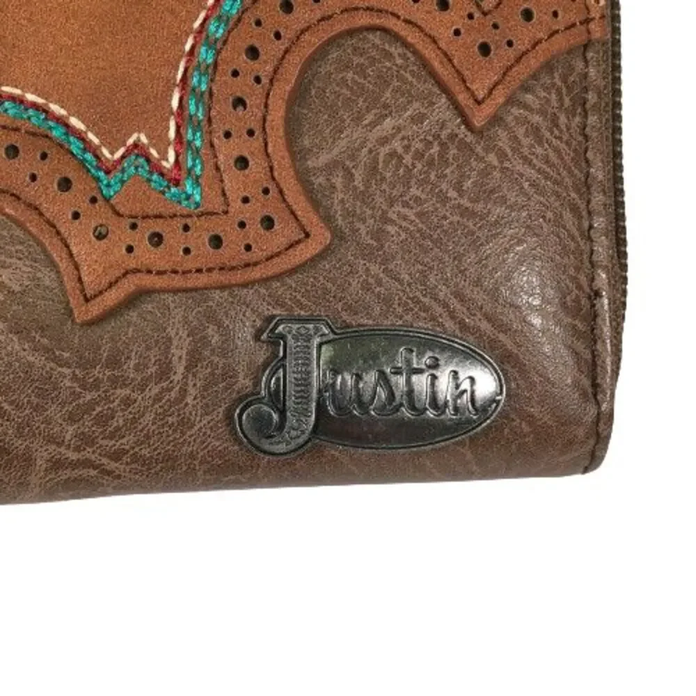 Justin Women Wallet Western Wristlet Clutch Brown Teal Embroidery Zip Around New